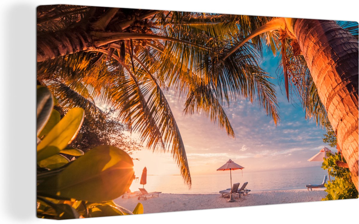 Canvas Schilderij Parasol - Stoelen - Strand - 40x20 cm - Wanddecoratie