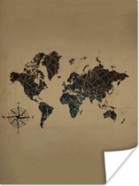 Poster - Wereldkaart - Vintage - Kompas - 30x40 cm