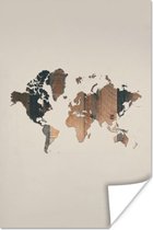 Poster Wereldkaart - Houten plank - Bruin - 20x30 cm