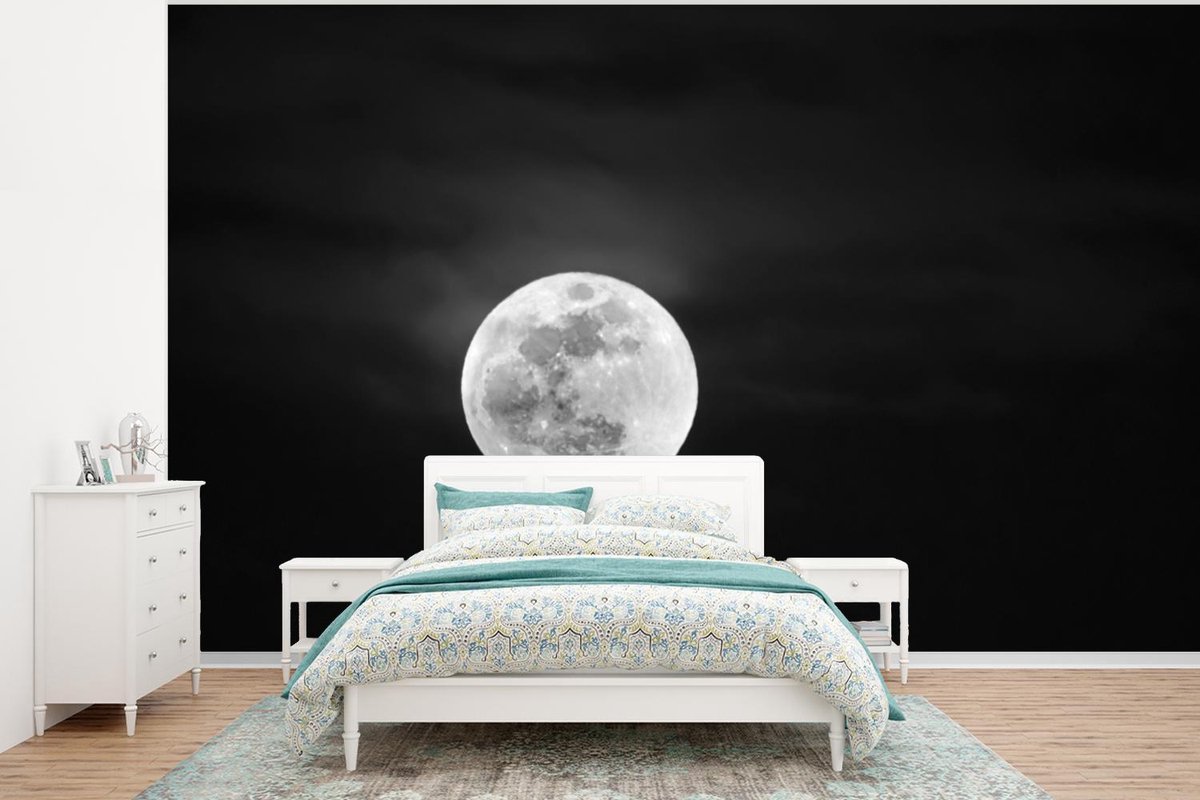Behang - Fotobehang Volle maan aan de nachtelijke hemel - zwart wit - Breedte 320 cm x hoogte 240 cm