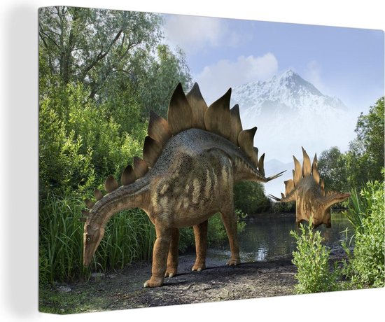 Canvas Schilderij Dinosaurus - Berg - Bos - Illustratie - Kinderen - Jongens - Kids - Jongetje - 90x60 cm - Wanddecoratie