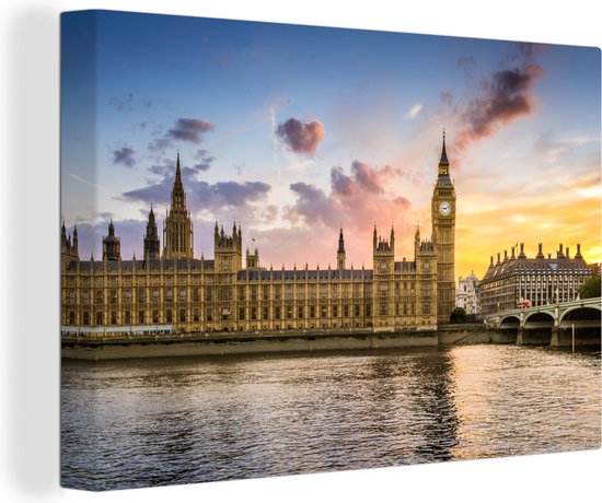 Zonsondergang achter de Big Ben in Londen Canvas 60x40 cm - Foto print op Canvas schilderij (Wanddecoratie woonkamer / slaapkamer)