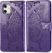 Apple iPhone 12 Hoesje - Mobigear - Butterfly Serie - Kunstlederen Bookcase - Paars - Hoesje Geschikt Voor Apple iPhone 12