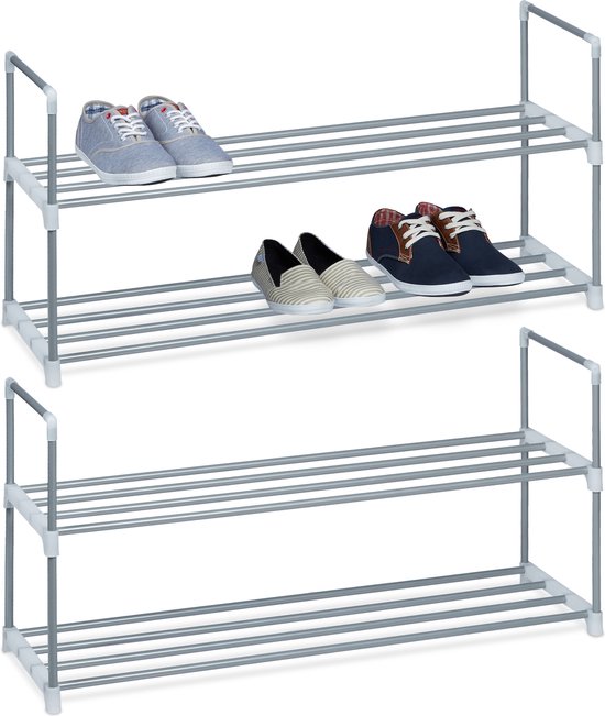 Relaxdays 2x schoenenrek metaal - 2 etages - open schoenenkast zilver - opbergrek schoenen