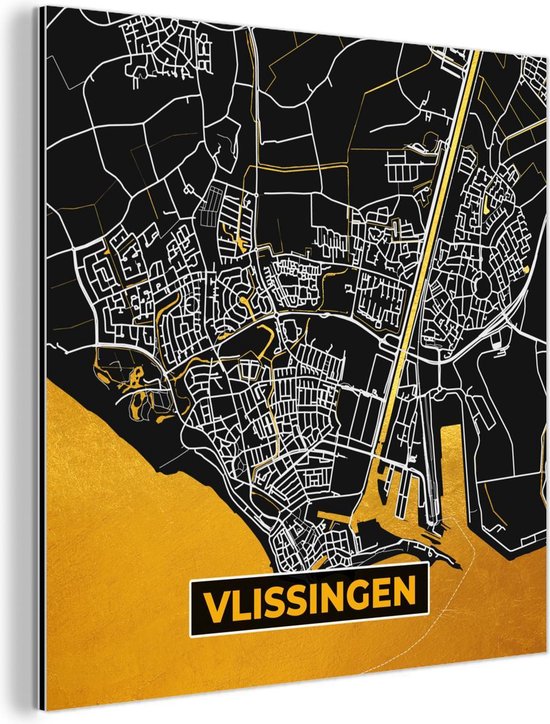 Décoration murale Métal - Aluminium Peinture Industrielle - Plan de la ville - Vlissingen - Or - Zwart - 20x20 cm - Dibond - Photo sur aluminium - Décoration murale industrielle - Pour le salon / chambre