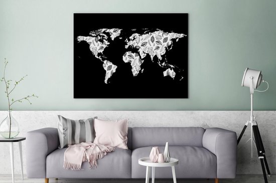 Décoration murale Carte du Wereldkaart - Plantes - Zwart - Toile - 120x90 cm