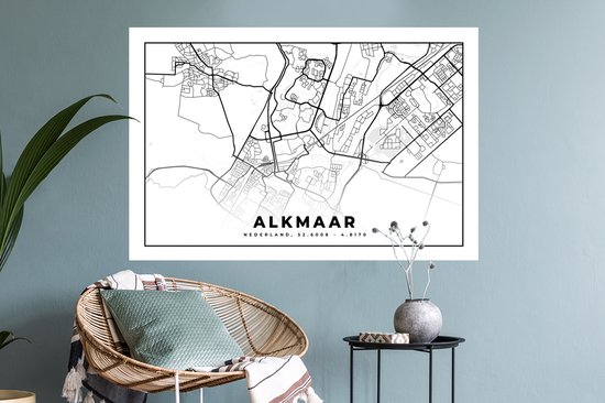 Stickers muraux - Plan de la ville - Alkmaar - Zwart - Wit - 90x60 cm - Feuille adhésive - Carte