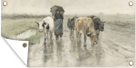 Tuinposter Een boerin met koeien op een landweg in de regen - Schilderij van Anton Mauve - 80x40 cm - Wanddecoratie Buiten - Tuinposter - Tuindoek - Schuttingposter - Tuinschilderij