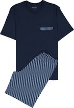 SCHIESSER heren shortama - O-hals - licht- met donkerblauw gestreept -  Maat: L