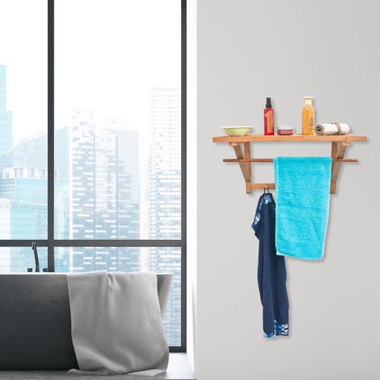 relaxdays Unité murale en bois de bambou salle de bain / cuisine - Armoire-penderie - Etagère 4 crochets à tige.