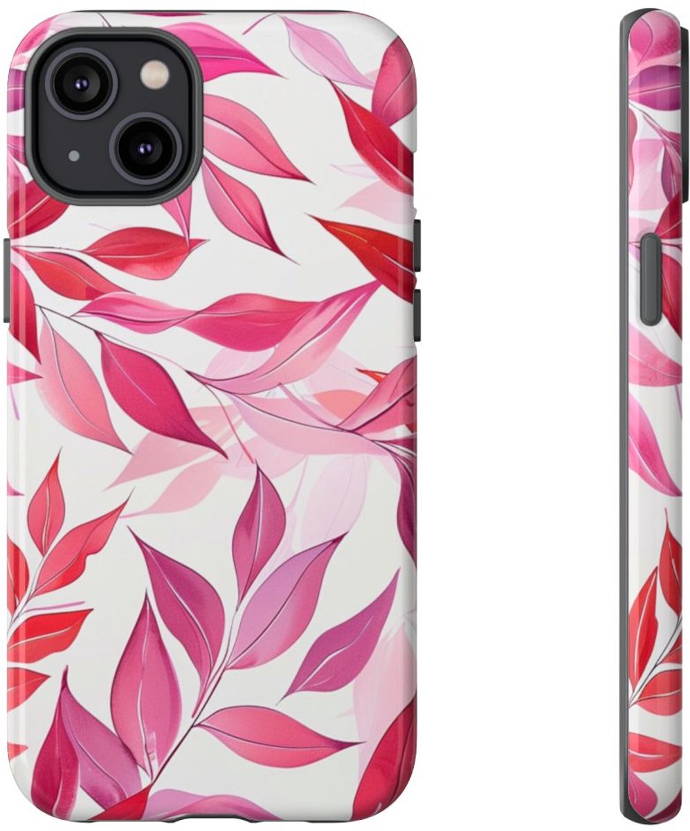 Roze en Rode Bladerenpatroon – Telefoonhoesje Geschikt voor iPhone 14 Plus