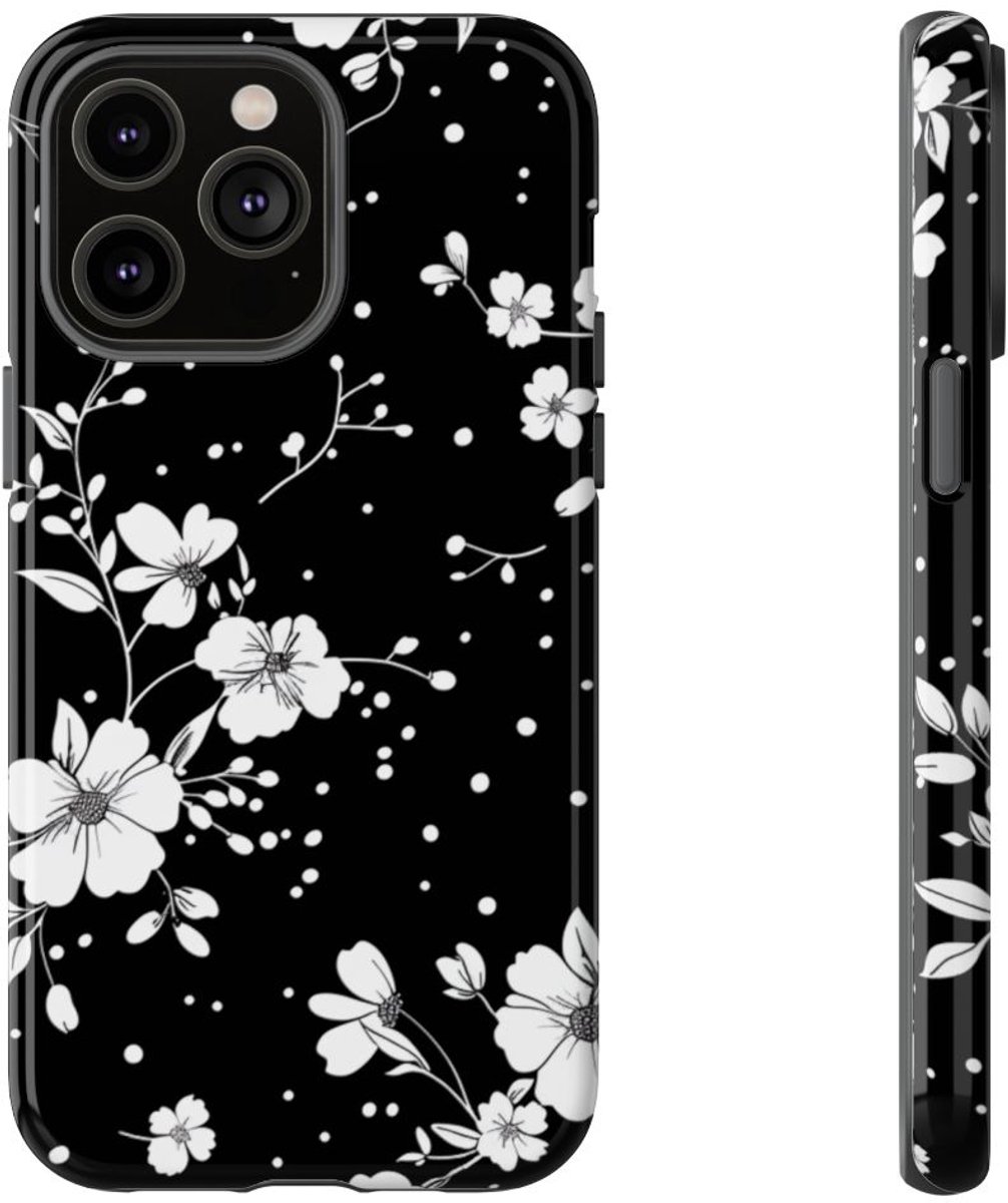 Zwart-Wit Bloemenpatroon – Telefoonhoesje Geschikt voor iPhone 14 Pro Max