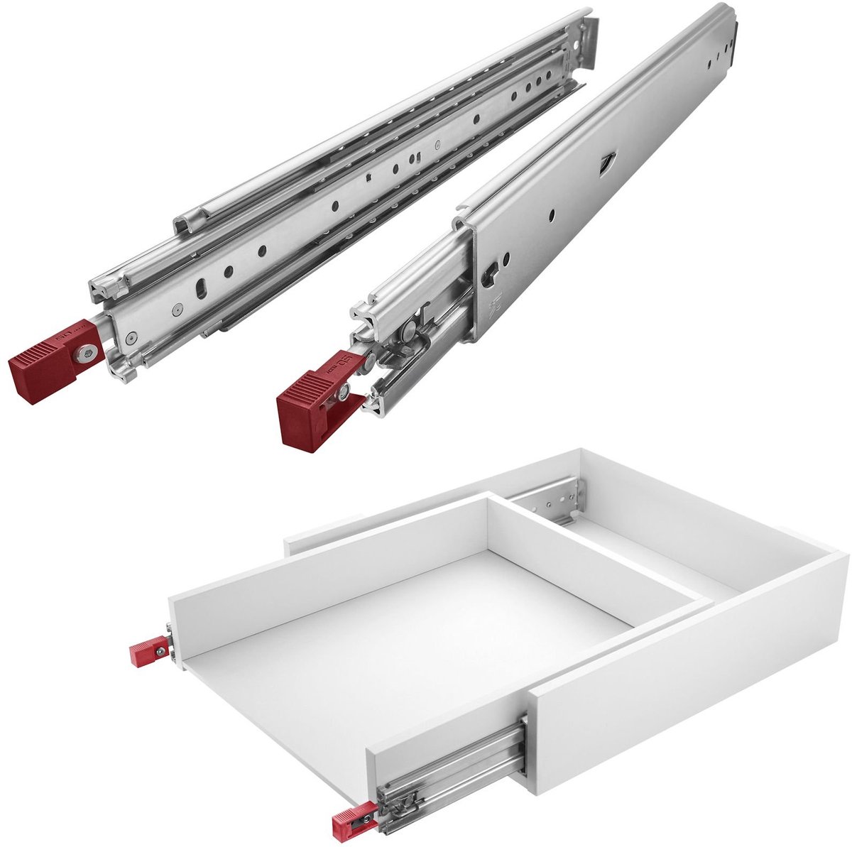 1 paar SOTECH VarioSlide KV2-200-H76-L650-EH zware ladegeleiders, 660,4 mm, met lock-in/out-functie, rood. Zware, volledig uittrekbare ladegeleiders, belastbaar tot 200 kg.