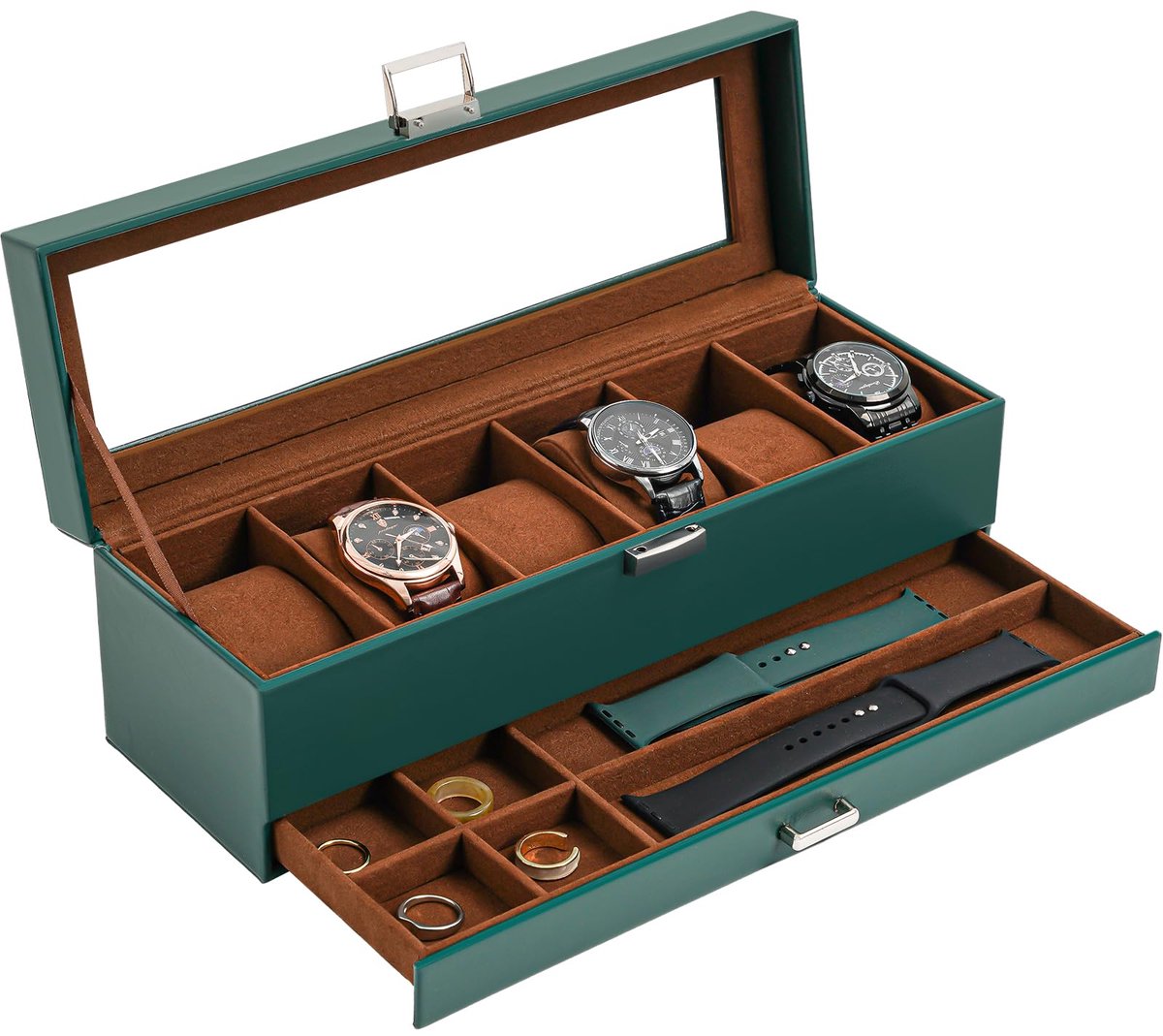 ProCase Horlogebox met 6 compartimenten, Horlogekast met glazen deksel, 2 niveaus, Horlogekast met uitneembare horlogekussentjes, Horlogebox voor sieraden, ringen, armbanden en kettingen - Groen