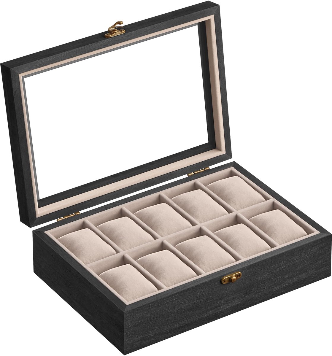 SONGMICS Horlogebox met 10 compartimenten, massief houten horlogekast met glazen deksel en horlogekussentje, cadeau voor uw dierbaren, ebbenhoutzwart JOW100B01
