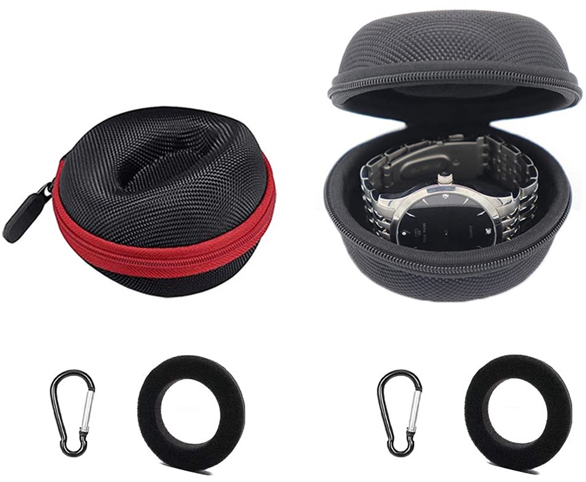Qanye 2-pack ronde draagbare horlogedoos, draagbare reiskoffer voor één horloge, horlogedoos met rits van zacht vilt, ronde horlogedoos, met 2 karabijnhaken, voor het vasthouden van een smartwatch (zwart, rood)
