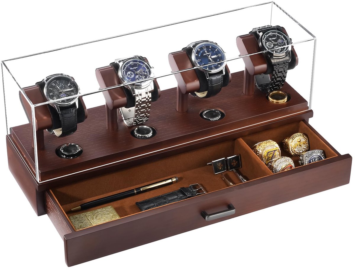 ProCase houten horlogebox, 4 sleuven horlogedisplay met afneembare acryl deksel, 2 lagen houten horlogestandaard met lade, horlogeopslag Horlogekast Horlogedisplay voor heren - Espresso