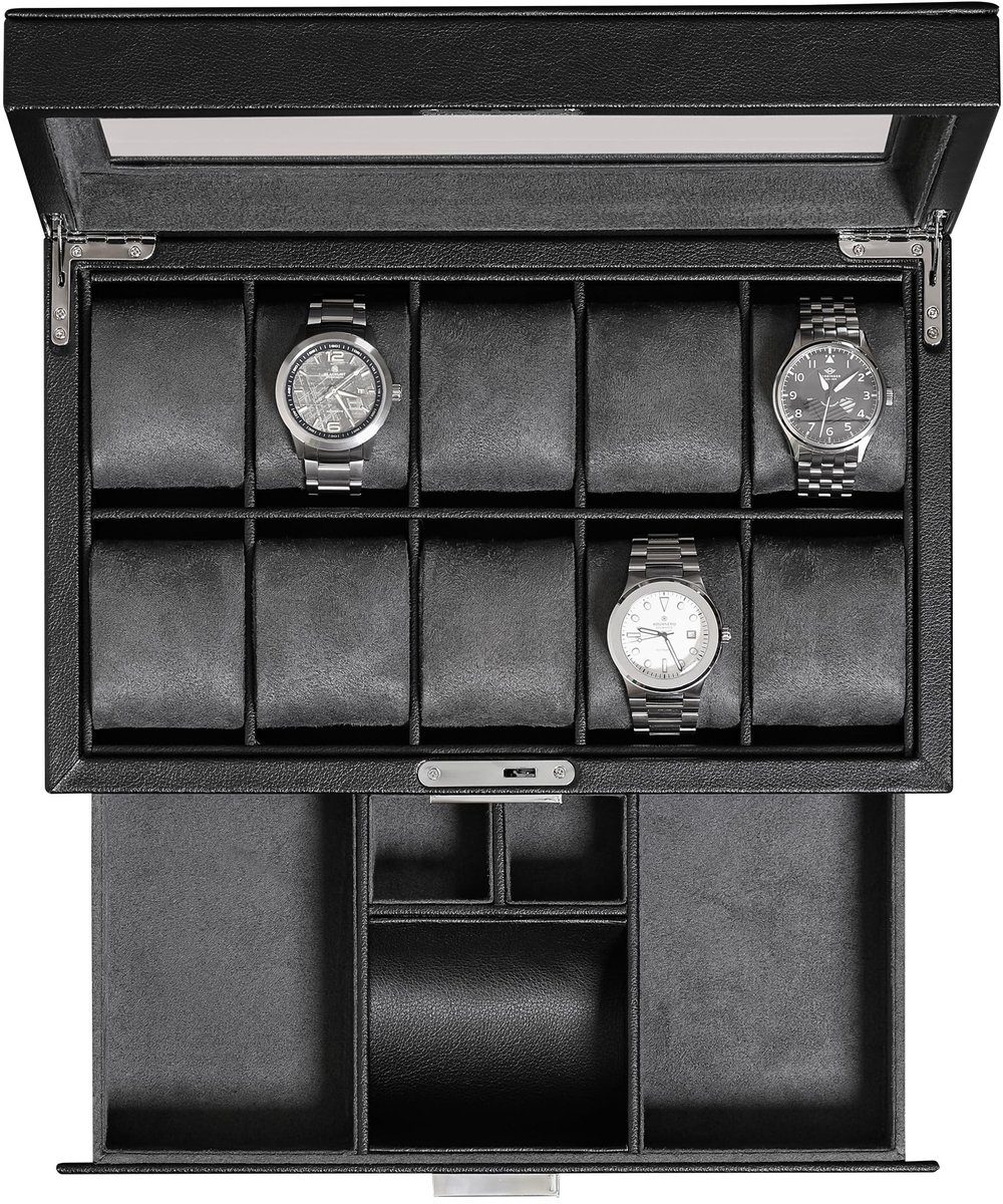 ROTHWELL leren horlogebox met 10 compartimenten, luxe horlogekast, display organizer, afsluitbare sieradenhorlogehouder met glazen deksel (zwart-grijs)