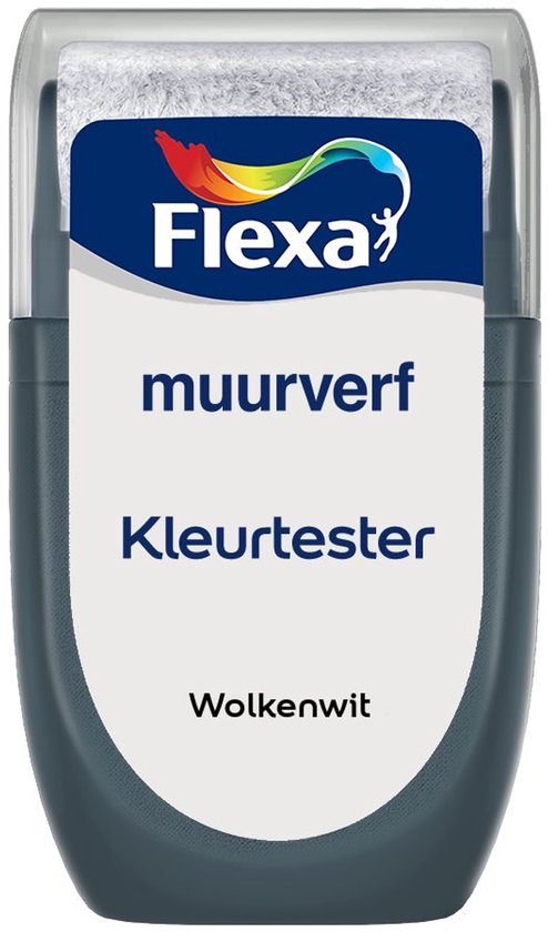 Flexa kleurtester muurverf met de tekst 'Wolkenwit'.