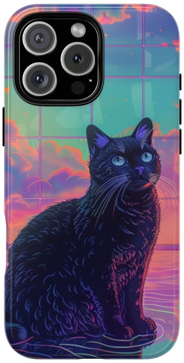 Zwarte Kat met Neonlucht Reflectie – Telefoonhoesje Geschikt voor iPhone 16 Pro Max