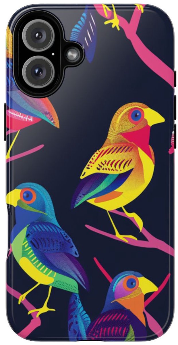Neonkleurige Vogels op Takken – Telefoonhoesje Geschikt voor iPhone 16 Plus