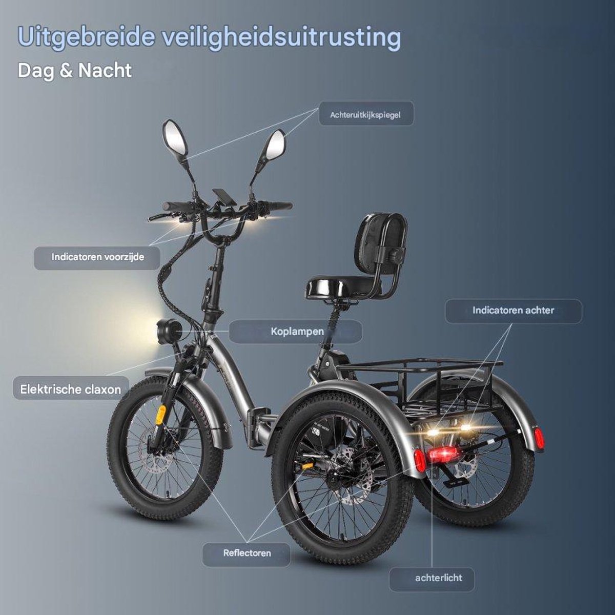 Dik Klapfiets E-Bakfiets 20 Inch 48V 21Ah Accu, Hydraulische Schijfremmen Elektrische Fiets, Elektrische Vrachtsfiets 180kg, Blauw Driewieler E-Bike – foto 4