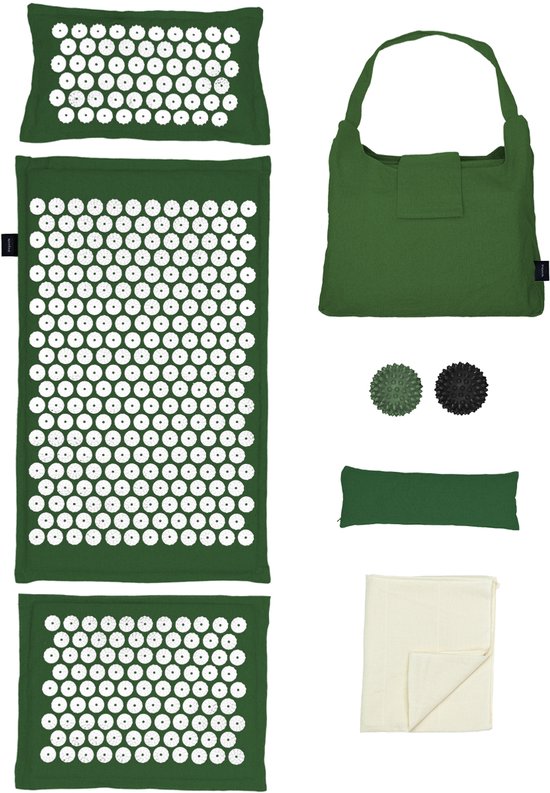 LifeGoods Acupressuur Mat Eco - 72x43x2cm - Spijkermat met Kussen / Draagtas / 2x Triggerpoint Bal - Shakti mat - Spijkerbedt - Groen/Wit