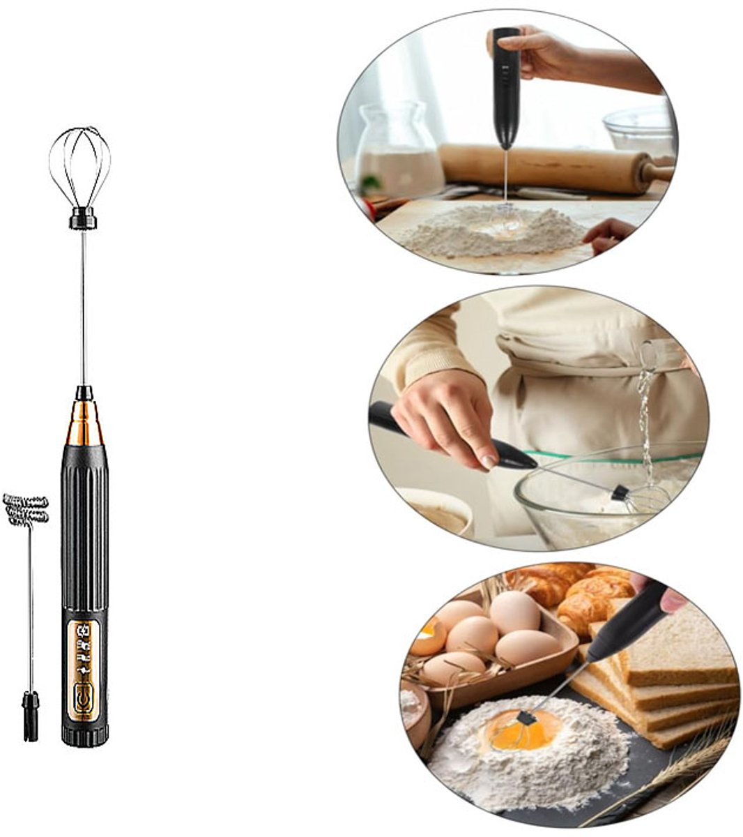 melkopschuimer electrisch- melkopschuimer elektrisch-staafmixer-melkklopper-melk opschuimer-melkopschuimer oplaadbaar-melkopschuimers-Elektrische Melkopschuimer met 3 Standen-Matcha klopper-voor Latte & Matcha-Zwart en goud