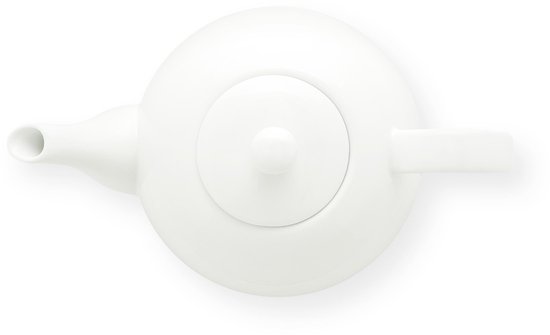 Wit porseleinen theepot van bovenaf gezien, met deksel en oor, geïsoleerd.