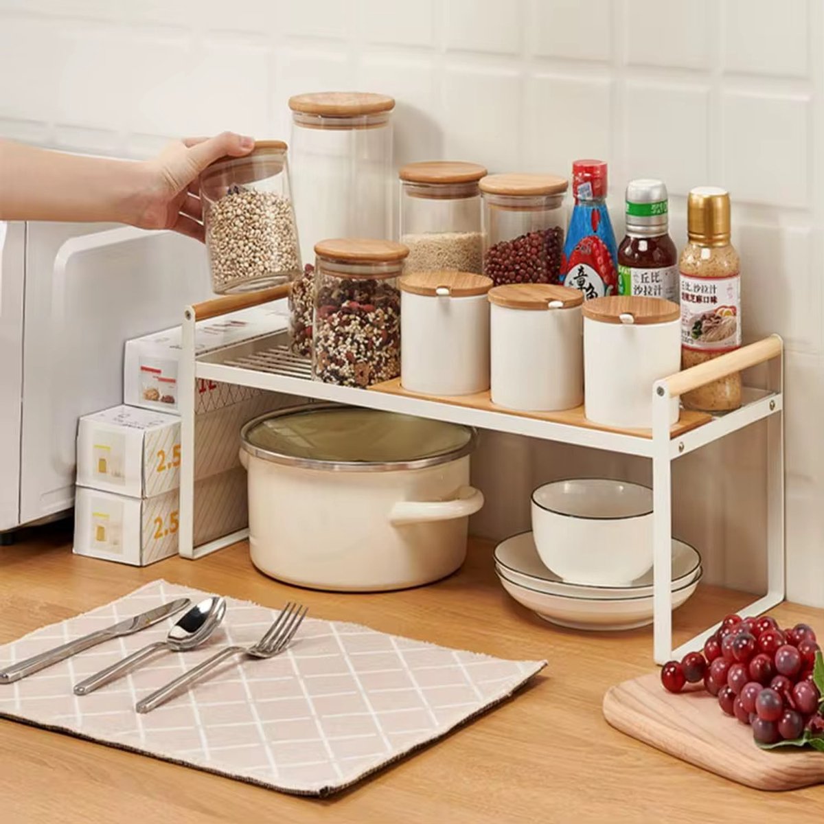 Keuken Organizers - Met houten handvat - aanrecht organiser - Pannenrekken - Gootsteenkast organizer - Bureau Organizer - Opbergrek - Kruidenrek - Kast Organizer - Badkamer Organizer - 25,2*35*21 cm - Wit