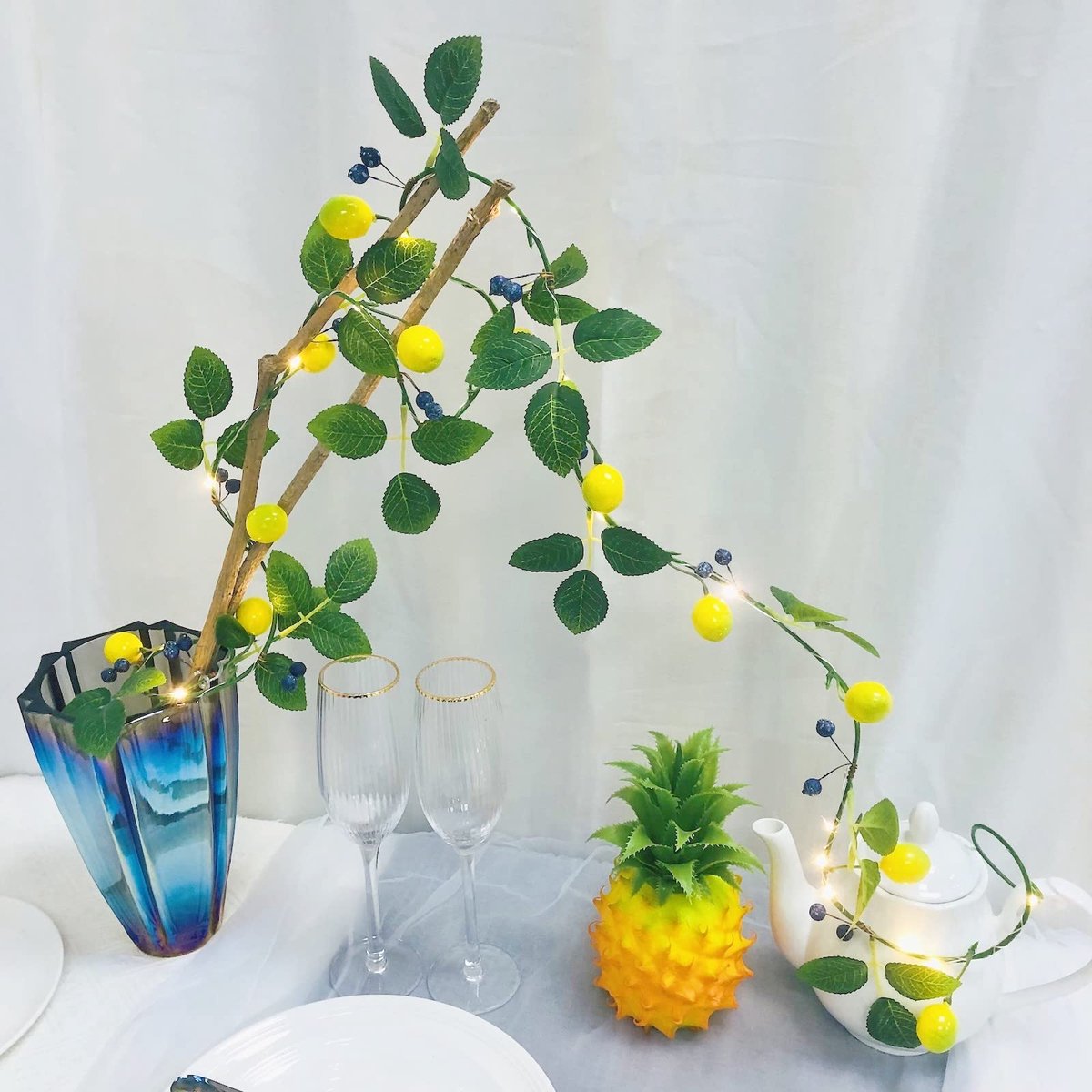 2 Stuks Kunstslinger met Citroenen & Blauwe Bessen - Met Lichtslinger - Voor Decoratie