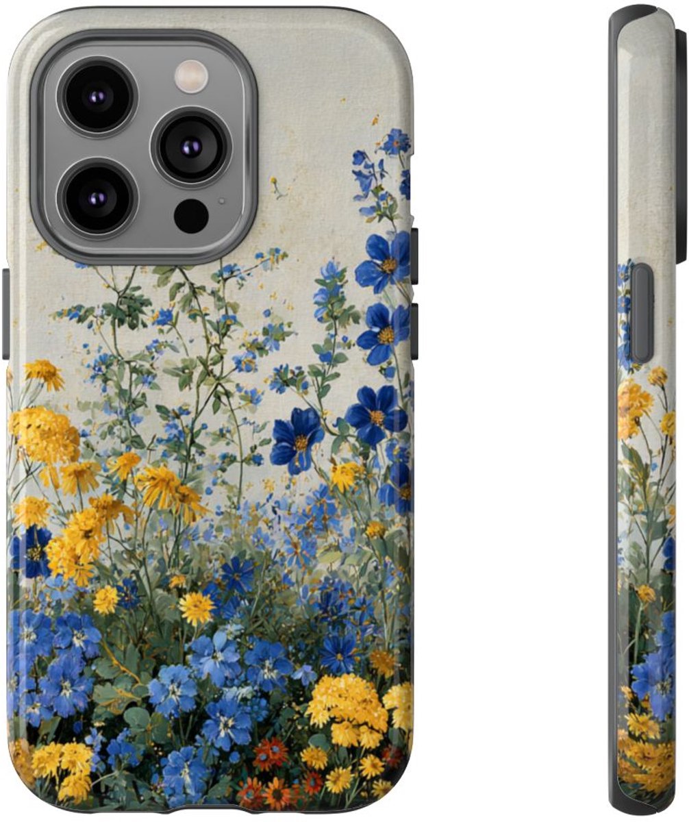 Blauwe en Gele Wilde Bloemen – Telefoonhoesje Geschikt voor iPhone 14 Pro