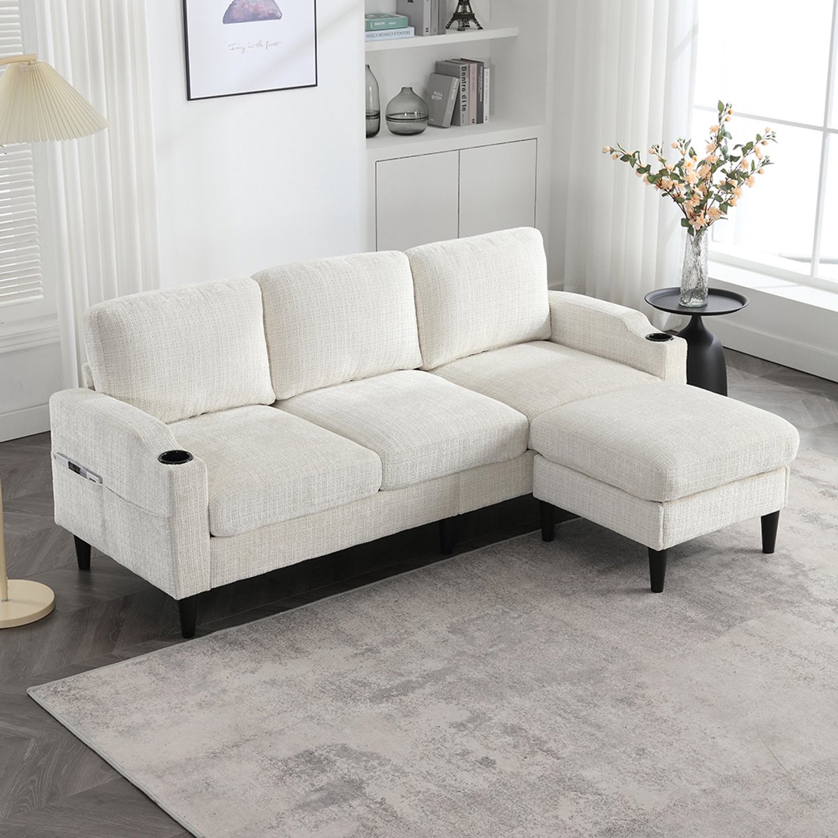 Pugsdrly Elegante bank met poef en opbergruimte - 4-zits met comfortabele armleuningen, bekerhouders, zijvakken en stevige kunststof voeten, bekleed met fluweel voor huidvriendelijk comfort Beige