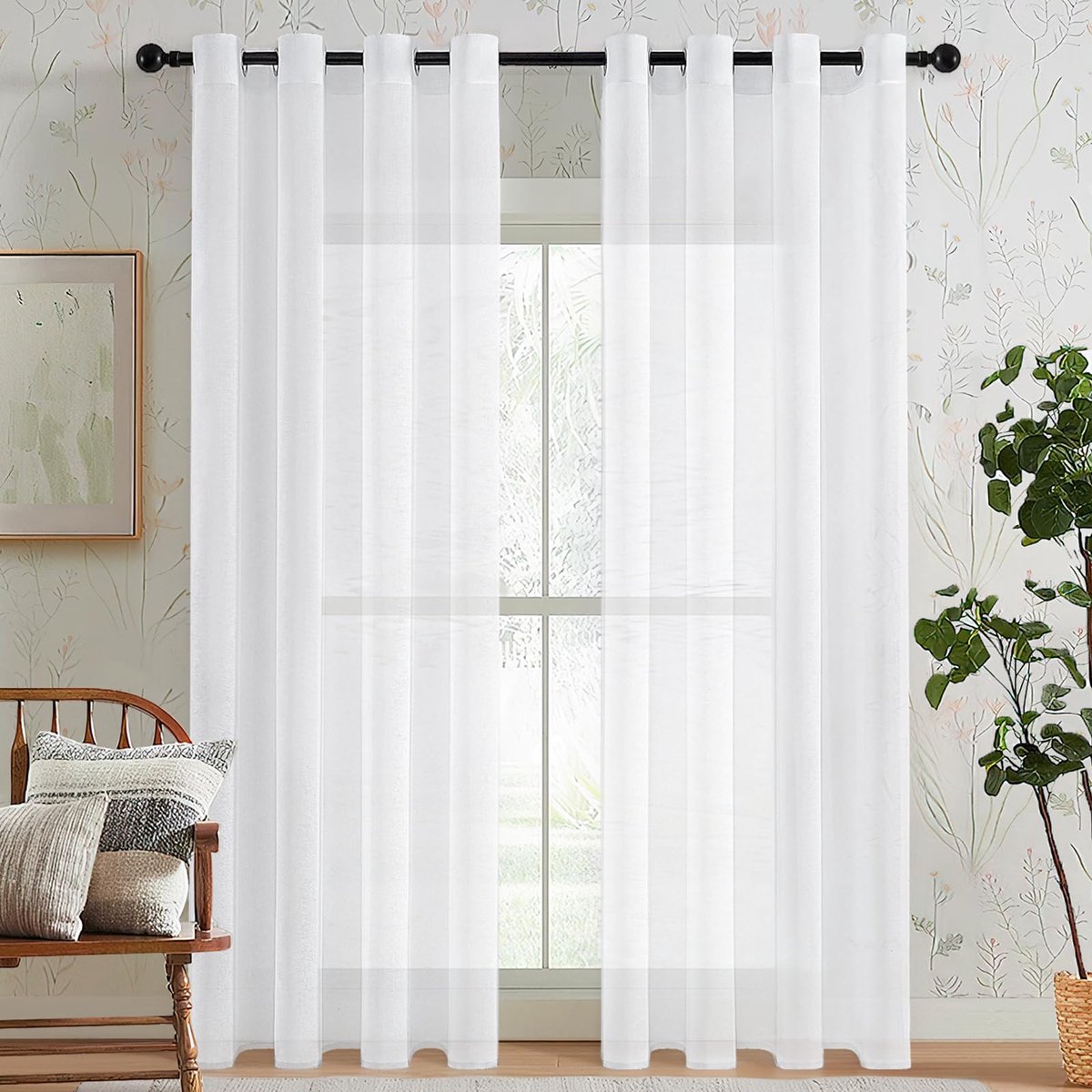 Ibenzoa Voile Gordijnen Set van 2, 210x140cm, Linnenlook, Wit, Voile Gordijnen voor Slaapkamer, Woonkamer, Zichtbaar Licht