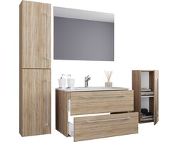 VCM 5-tlg. Set | 1 Waschtisch mit zwei Schubladen, 1 Spiegel, 1 Waschbecken, 1 Midischrank, 1 Hochschrank | Keramik Waschbecken | hängend Unterschrank 80 cm | Badmöbel Set Waschplatz – Badinos