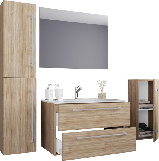 Ensemble de salle de bain avec meuble-lavabo en bois à deux tiroirs, une armoire haute, un miroir et une niche ouverte. Couleur bois.