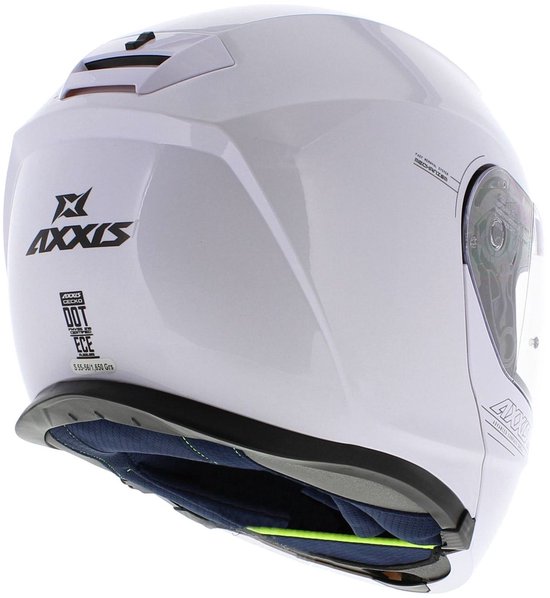 Achterkant van een witte systeemhelm met AXXIS logo en ventilatie. De helm heeft een blauwe binnenvoering.