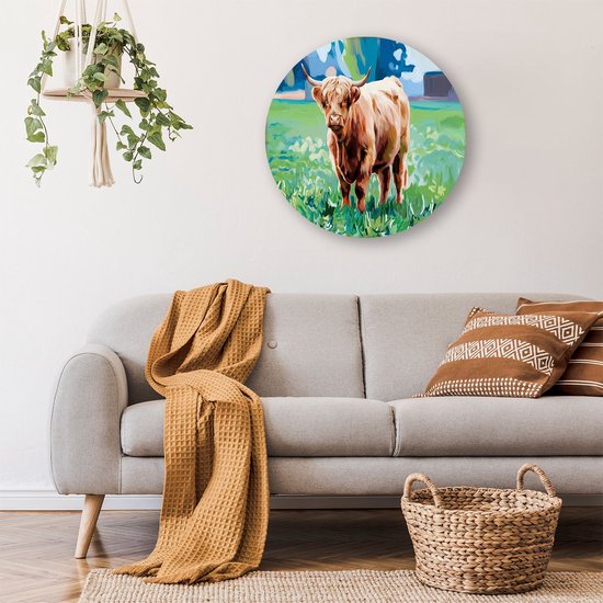 Schotse hooglander in weide - Hooglander muurcirkel - Wandschalen koe - Digital Art - Forex design muurcirkel - Kunst voor landelijke interieurs - muurcirkel forex 60x60 cm