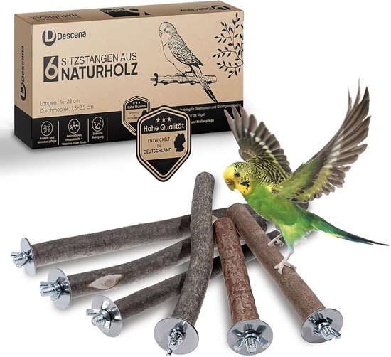 Vegena 4 natuurlijke houten zitstokken voor parkieten, met rotan ballen, papegaaienspeelgoed, vogelkooiaccessoires
