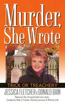 Angela Lansbury als Jessica Fletcher op de cover van 'Murder, She Wrote: Trick or Treachery'. Oranje achtergrond met herfstbomen, grafstenen en een zwarte kat.
