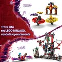LEGO NINJAGO speelgoed met rode en gele draaiende spinners, een gouden en bruine structuur en twee grijze en paarse draaiende spinners.