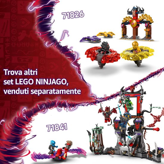 LEGO NINJAGO speelgoed met rode en gele draaiende spinners, een gouden en bruine structuur en twee grijze en paarse draaiende spinners.
