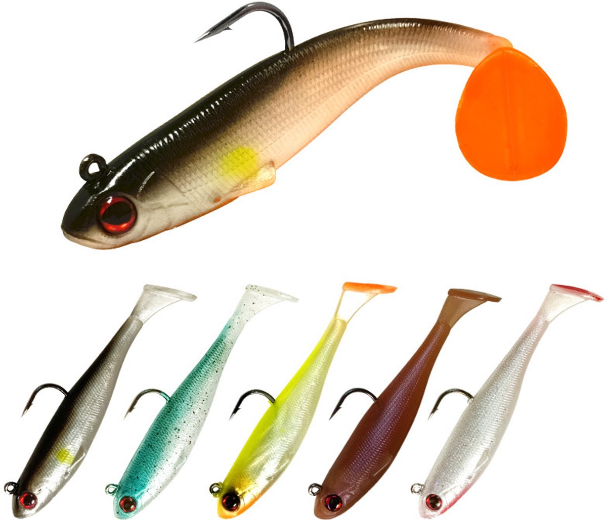 5 Stuks - Kant-en-klaar soft baits - Gemakkelijk kunstaas voor het vissen met het hele gezin - Alles erop en eraan voor zeebaars, forel en blauwvintonijn - Big action swimbaits met spinners - Jigs voor het vissen op zeebaars