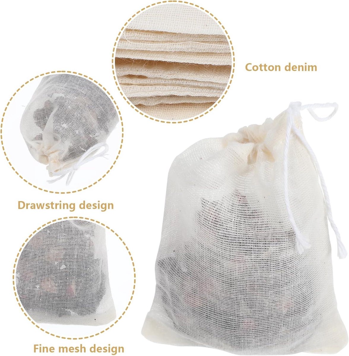60 stuks lege kruidenzakken voor het koken van soep, 3 x 4 in natuurlijke mousseline trekkoord zak, kleine kaasdoek katoenen zak voor zeven, herbruikbare theezakjes voor losse thee, ongebleekte