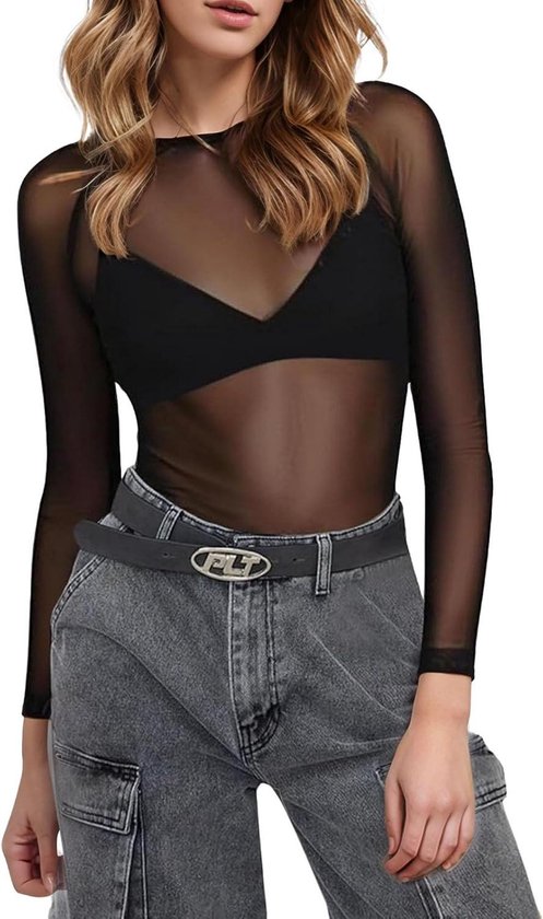 Inovra Plus Chemisier noir transparent en maille pour femme avec