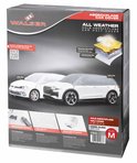 De achterkant van de verpakking van een zilveren Walser autohoes, maat M, met afbeeldingen van de hoes op twee auto's en productdetails.