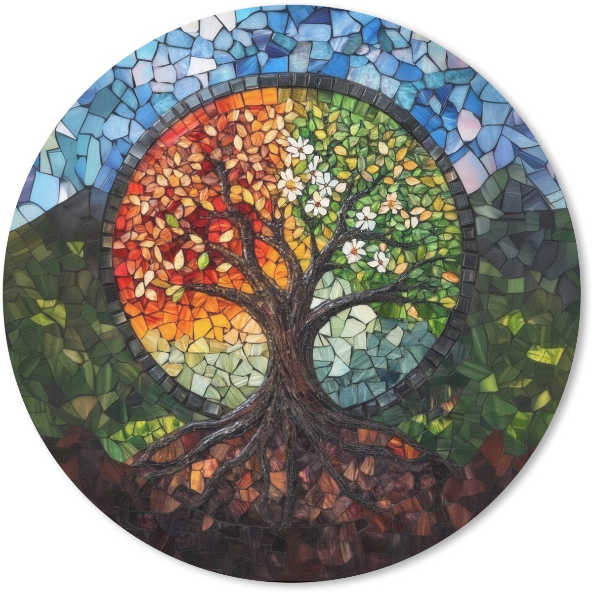 Muismat rond 50x50 cm - Mousepad Boom - Seizoenen - Mozaïek - Bergen - Ronde muismatten