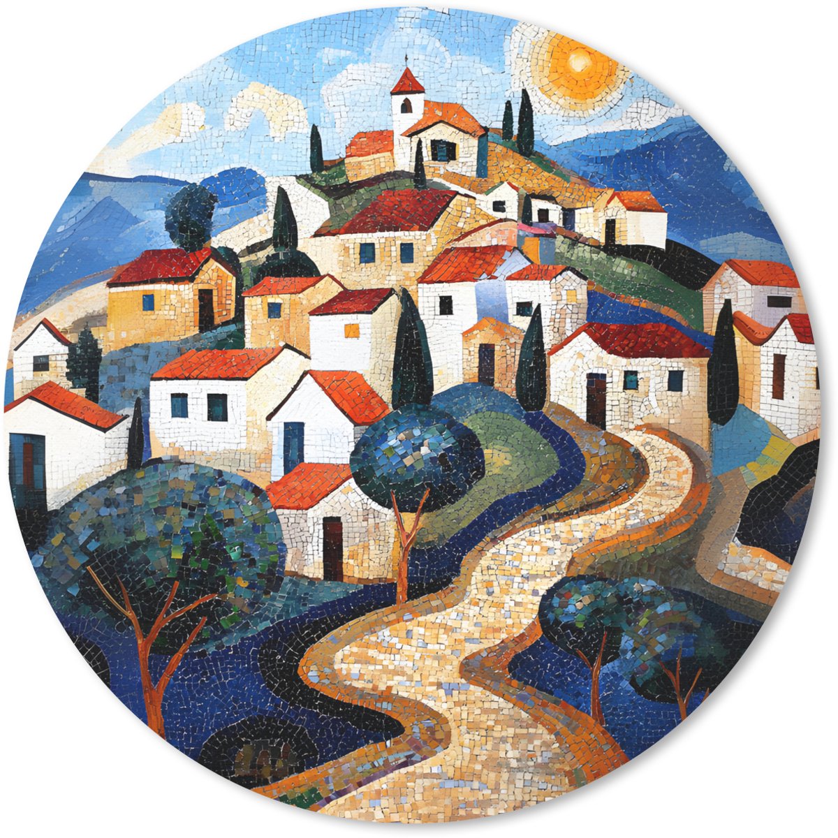 Muismat rond 50x50 cm - Mousepad Dorp - Heuvelachtig - Zon - Mozaïek - Ronde muismatten