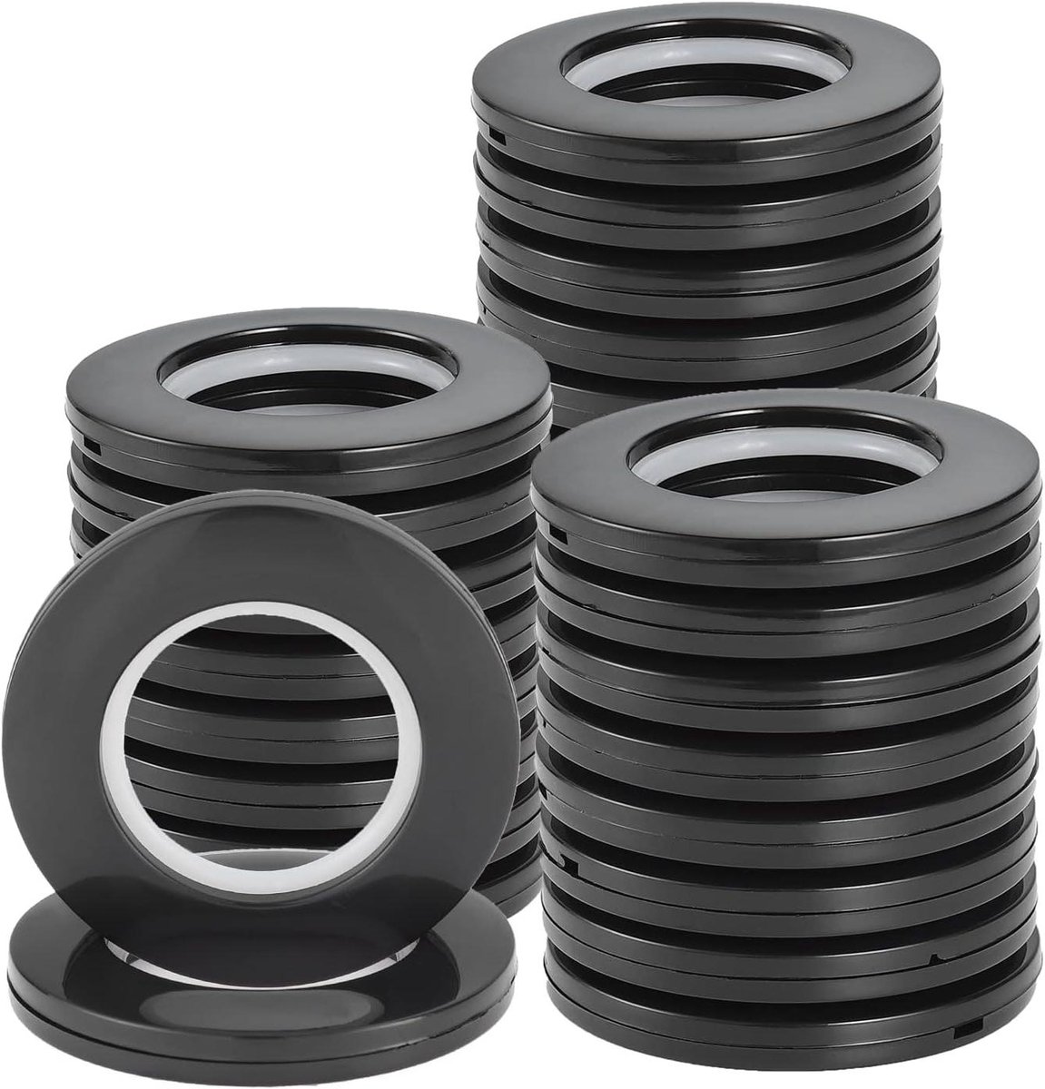 Allecto Plus - 32 stuks plastic gordijnoogringen voor raam- en douchegordijn - geluiddempend - DHZ-ringen - 40mm - zwart - voor thuis of op kantoor