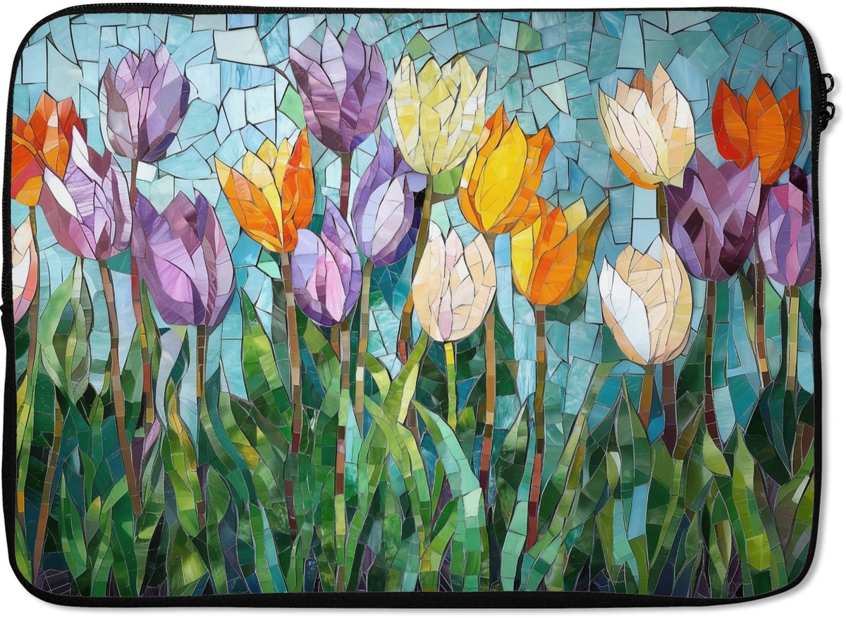 Laptophoes 14 inch - Mozaïek - Veld - Tulpen - Kleurrijk - Laptop sleeve - Binnenmaat 33x23 cm - Zwarte achterkant
